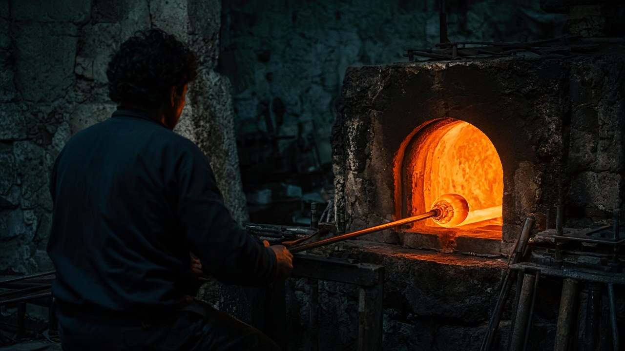 Molten glass glowing in the glory hole of the Acre Kiln hot shop