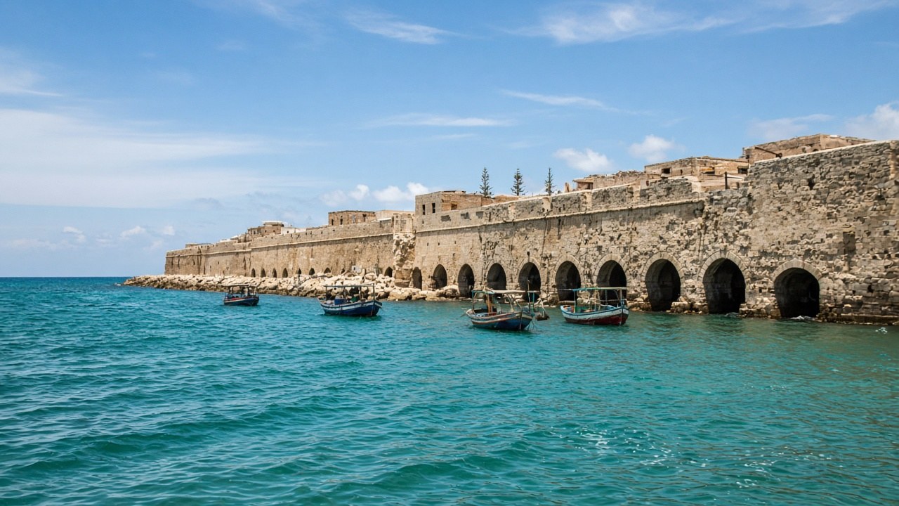 Old Acre harbour walls and fishing boats near the studio lane