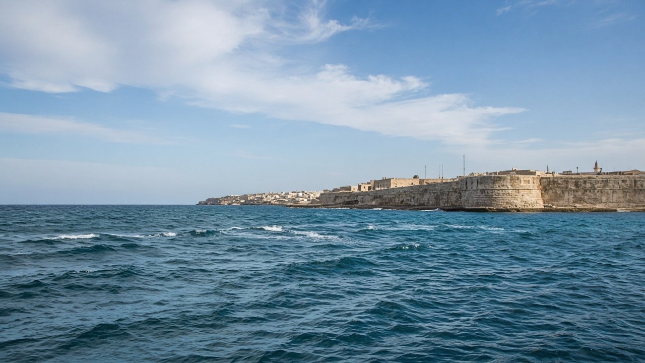 Mediterranean water and sea-worn glass colour off the Acre walls