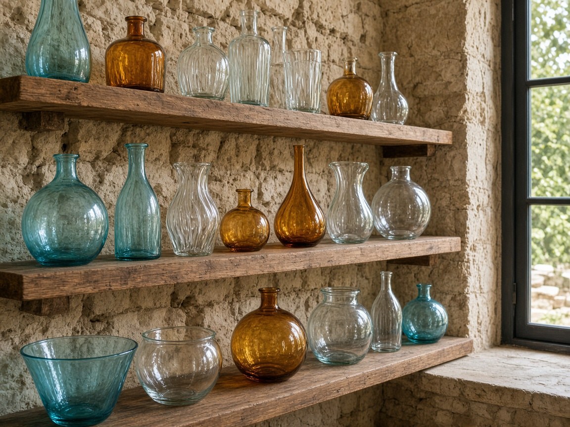 Sea-glass series vessels cooling on a wooden rack