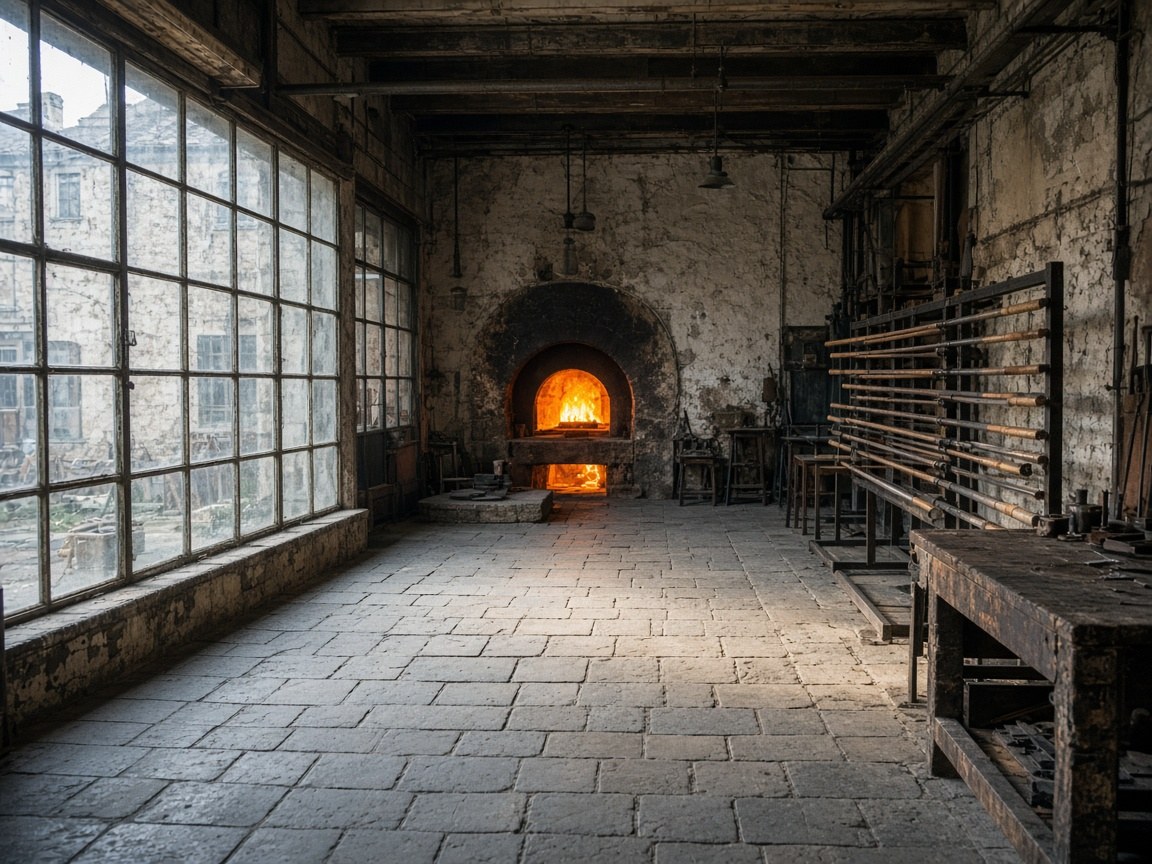 Interior of the Acre Kiln studio with stone vaults and a glowing kiln