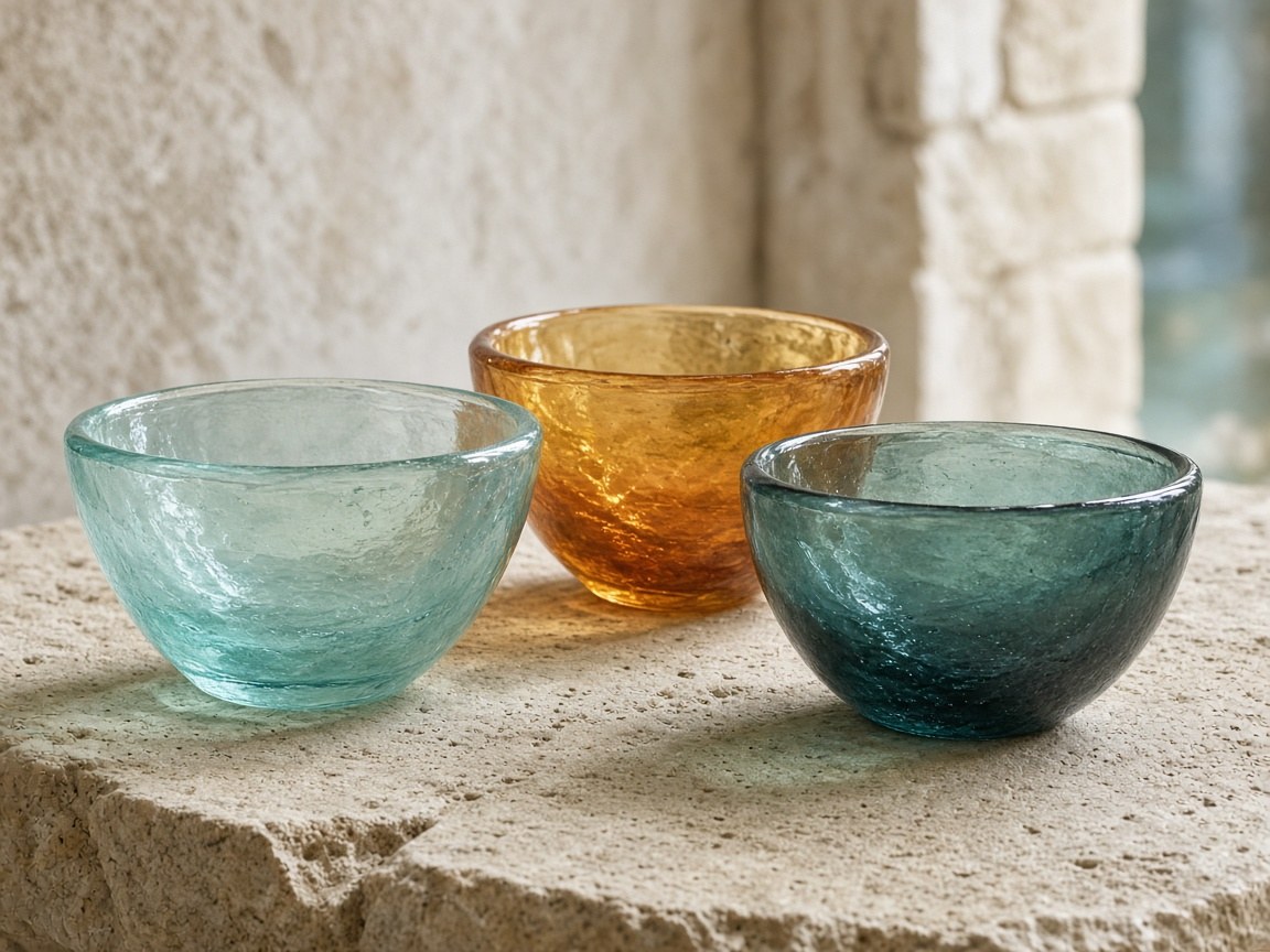 Stacked kiln-formed bowls on a steel studio shelf